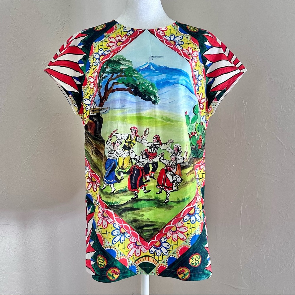Dolce & Gabbana Floral Majolica and Sicilian Folk Dancing Landscape Print 44 8